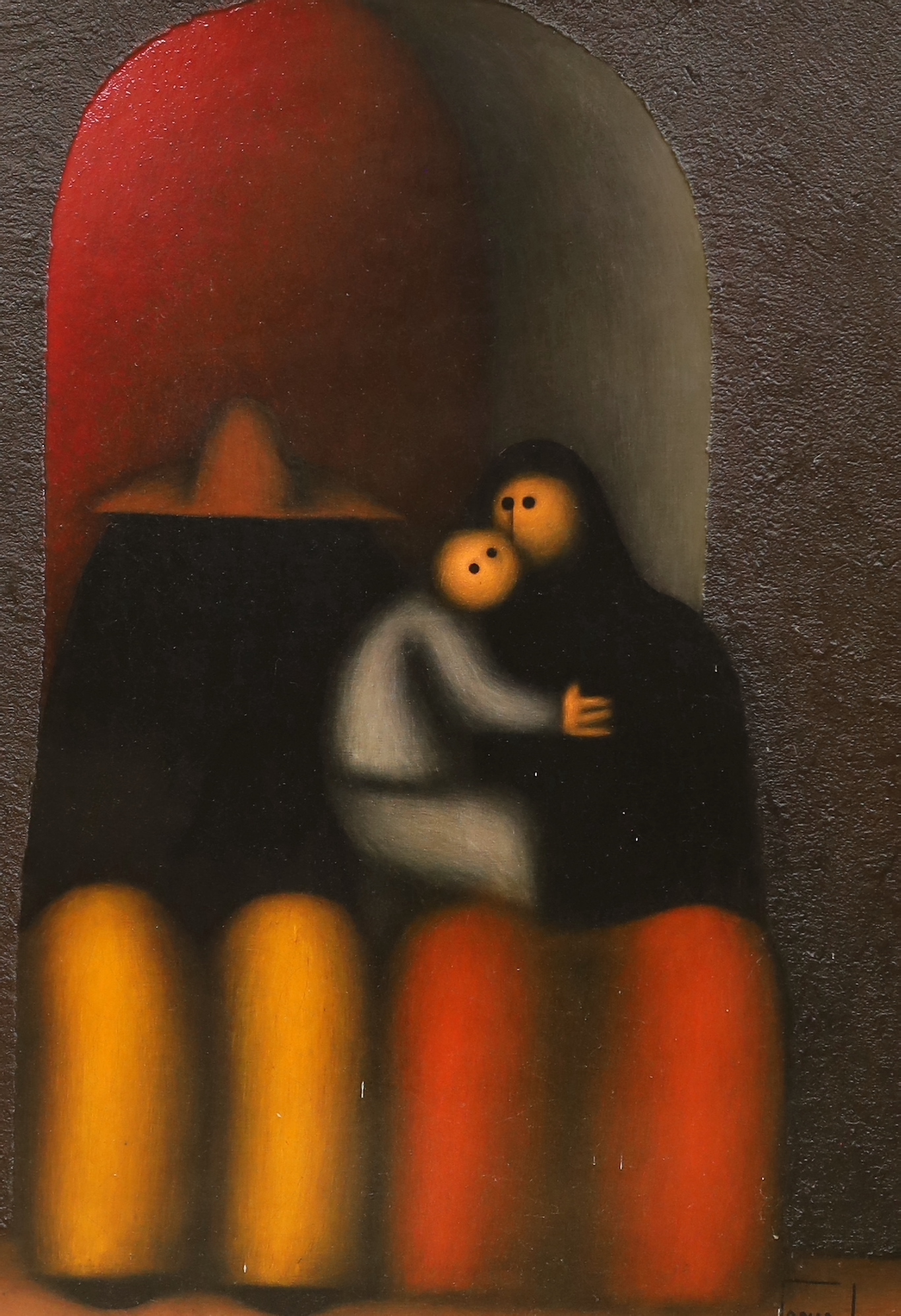 Jesus Leuus (Mexican, 1970s), oil on board, 'The Holy Family', signed and dated 1976, 57 x 40cm